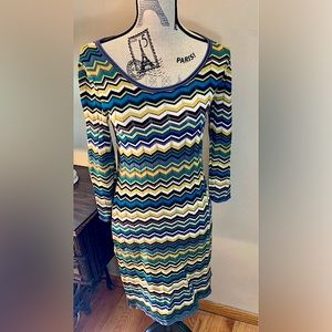 ❤️ Nine West Chevron print  lime green blue knit dress Womans size xs